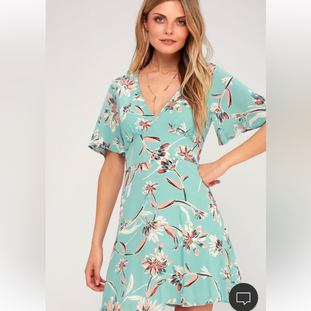 Lulus Floret Aqua Floral Print Short Sleeve Dress